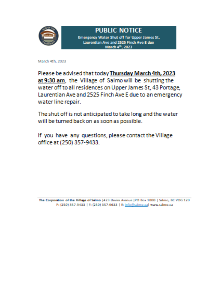 Hub of the Salmo Kootenays utility shut off notice business bill, SCR PSD template